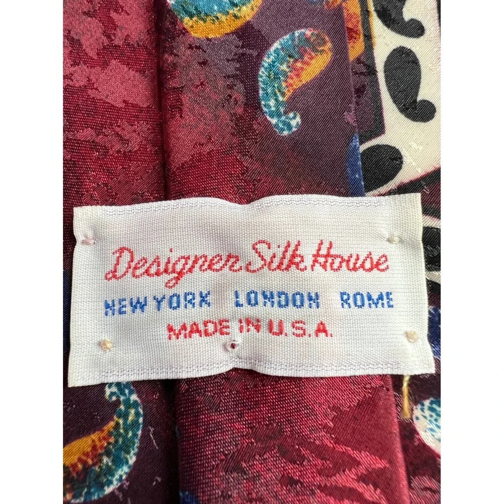 Vintage Designer Silk House Tie OS Burgundy Paisley Abstract‎ Geometric Silk A22